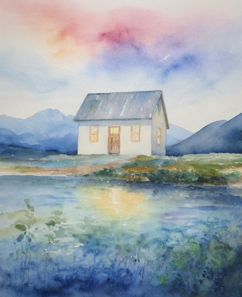 a watercolor painting of a mountain lake at dawn