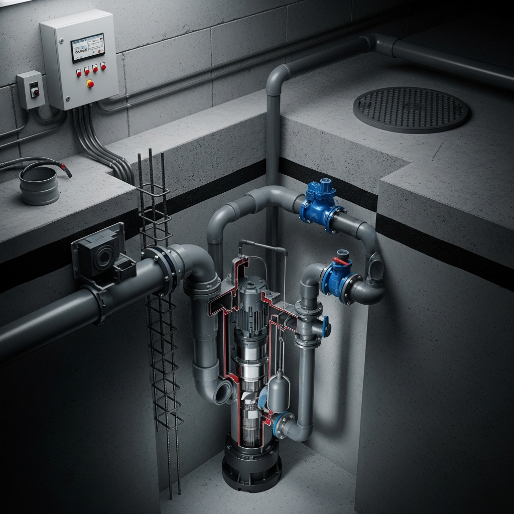 Pompe de relevage eaux usées installée en fosse technique avec tuyauteries de raccordement