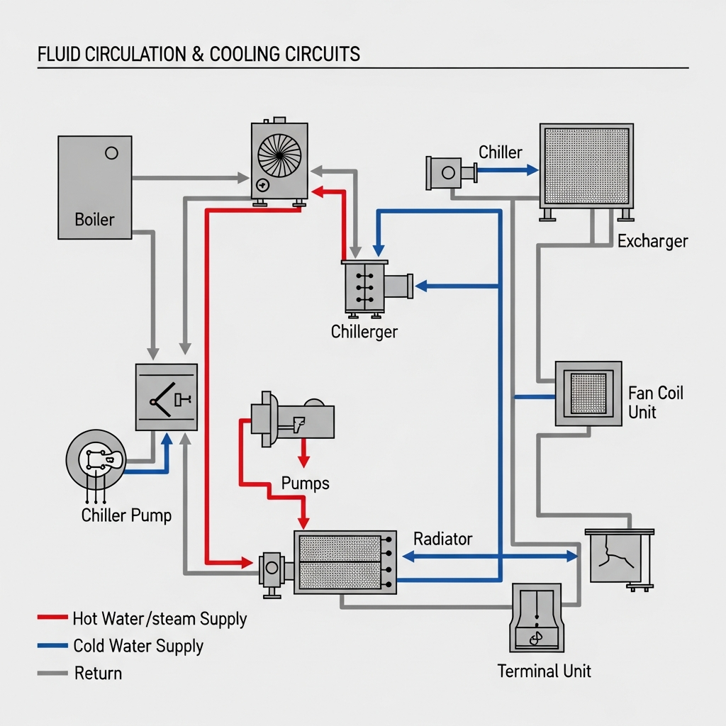 Diagramme technique montrant les circuits de circulation de fluides dans un système de chauffage et refroidissement industriel Diagramme technique montrant les circuits de circulation de fluides dans un système de chauffage et refroidissement industriel