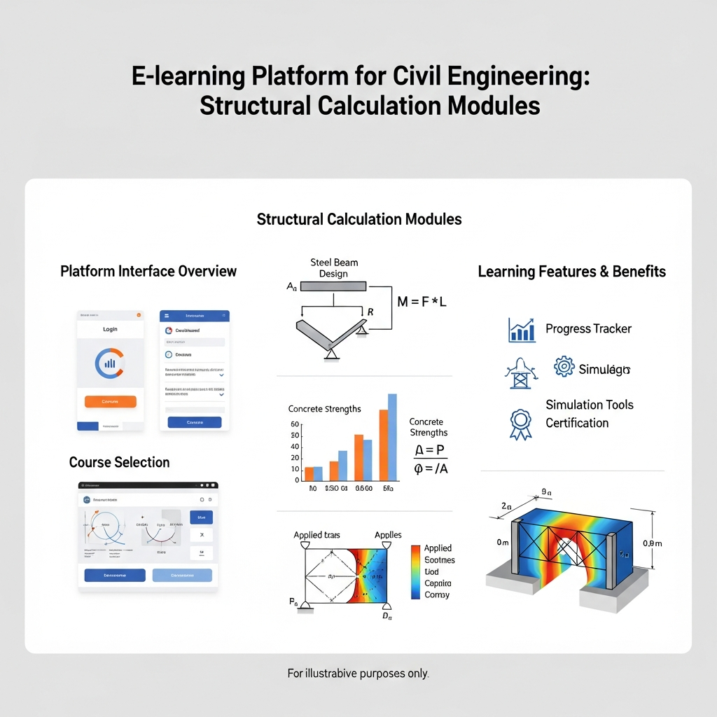 Interface de plateforme d'apprentissage en ligne pour la formation en génie civil avec modules de calcul structural
