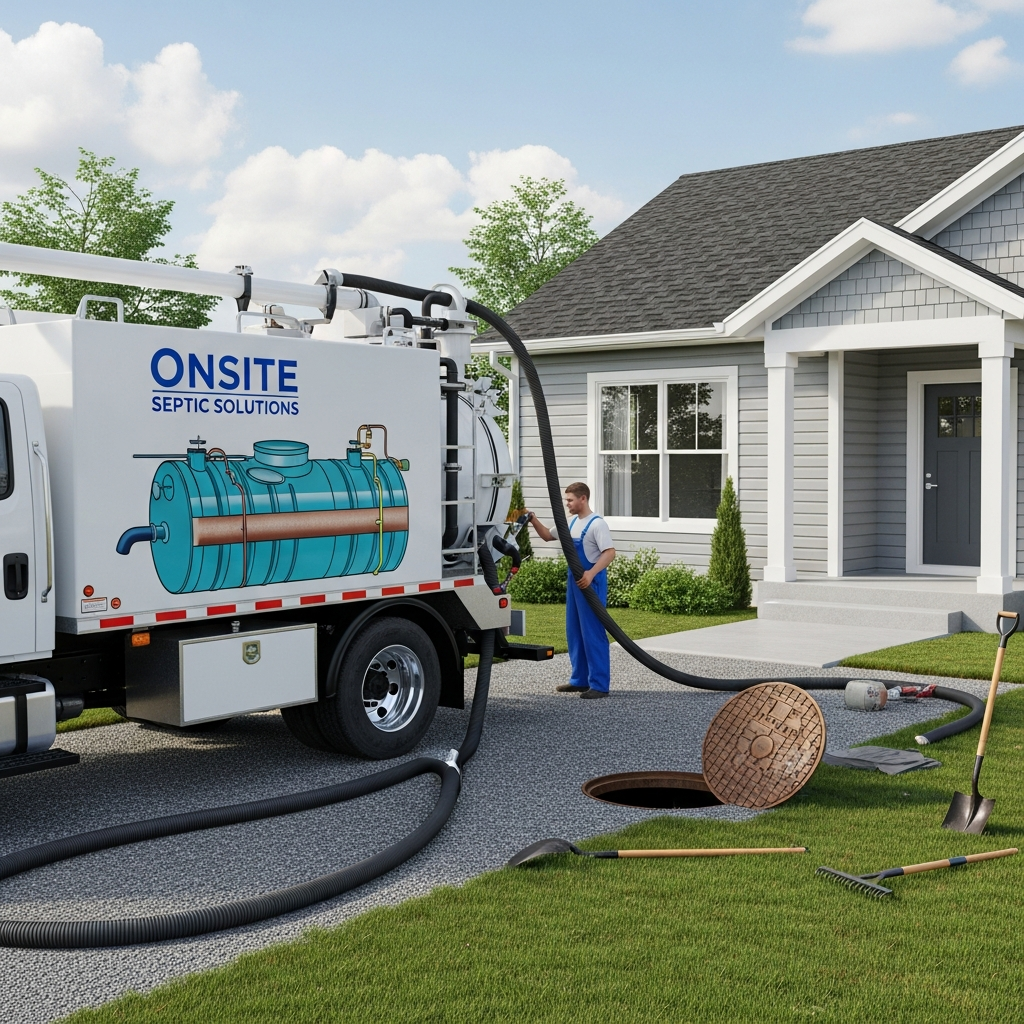 Camion de vidange fosse septique stationné devant une résidence pour l'entretien régulier du système