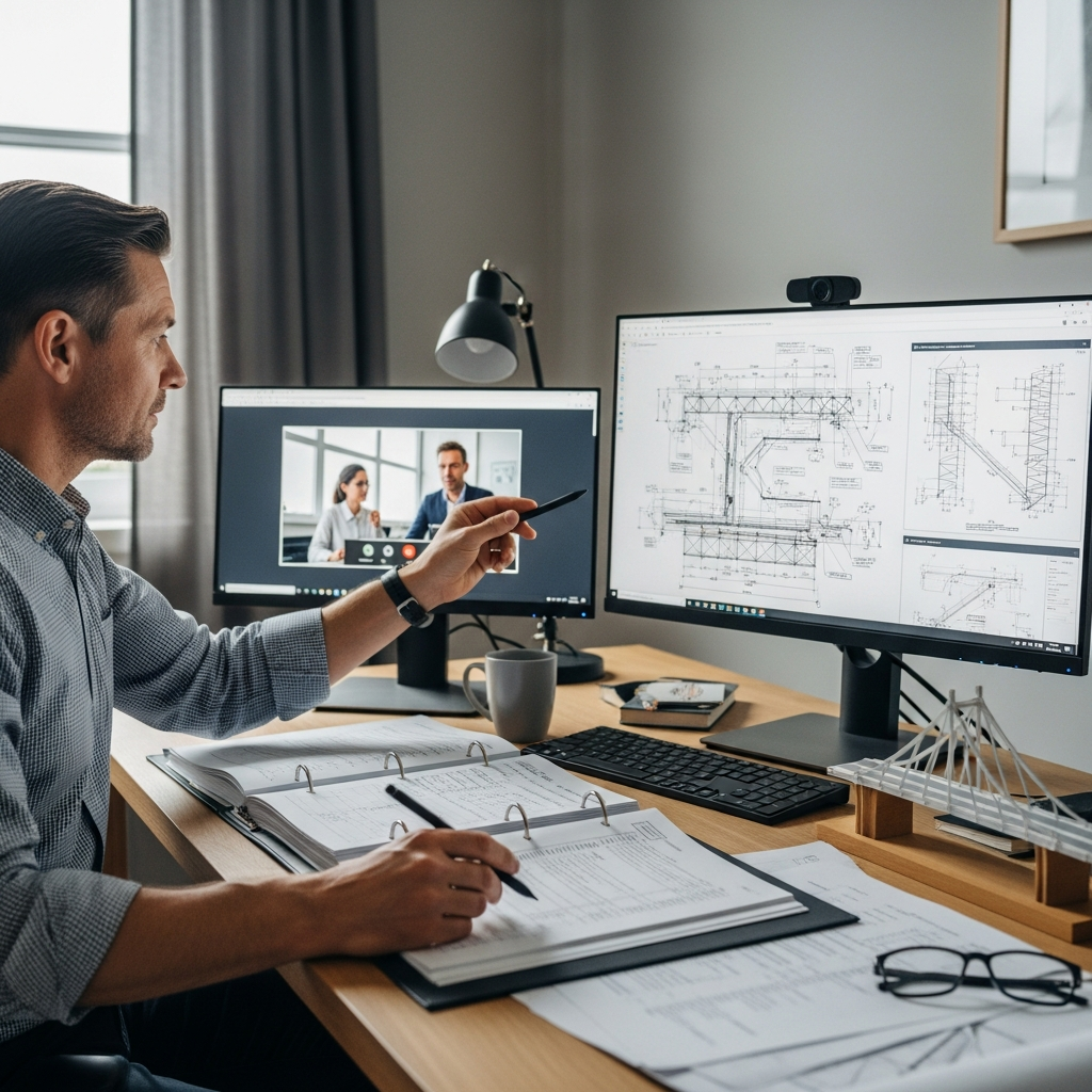 Ingénieur civil analysant des plans de construction et des schémas techniques lors d'une formation à distance