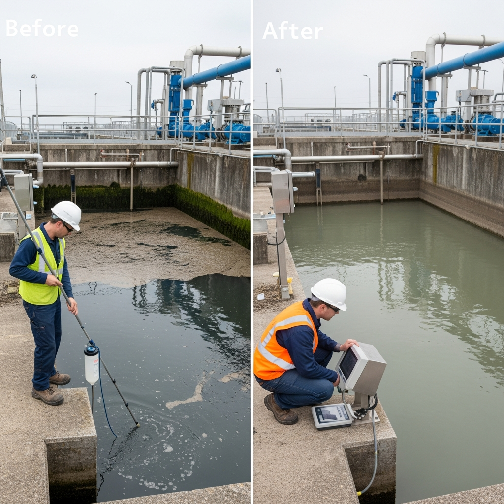Opérateur contrôlant la qualité de l'eau dans un bassin de décantation de station d'épuration Opérateur contrôlant la qualité de l'eau dans un bassin de décantation de station d'épuration