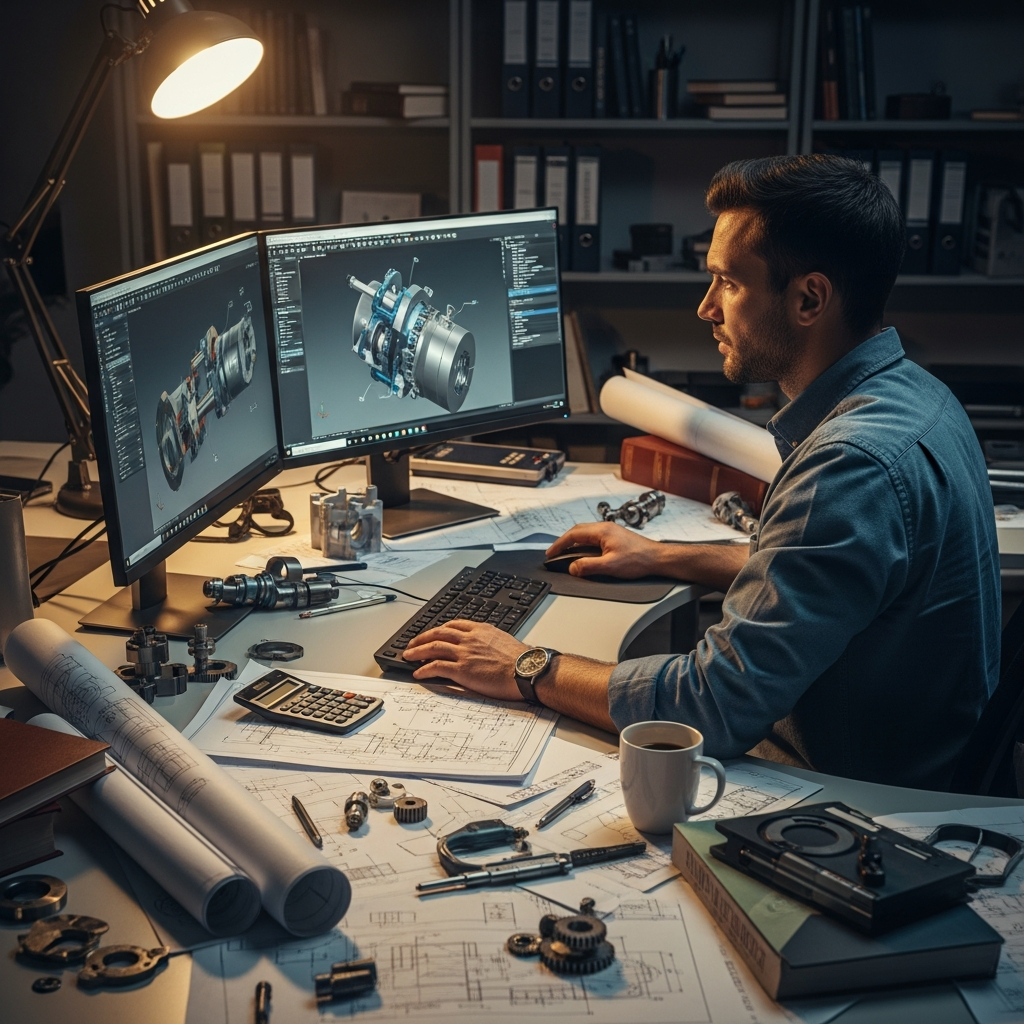 Ingénieur mécanique freelance travaillant sur un projet de conception assistée par ordinateur avec des plans techniques