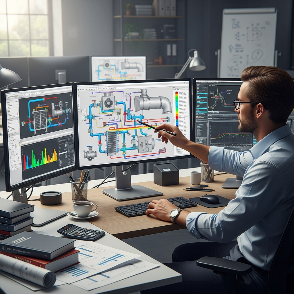 Ingénieur spécialisé en études fluides analysant les plans de conception hydraulique et thermique sur ordinateur