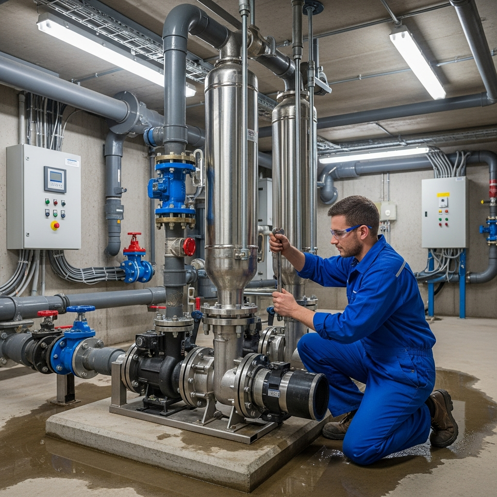 Technicien effectuant l'installation et la maintenance d'une pompe de relevage pour évacuation eaux usées Technicien effectuant l'installation et la maintenance d'une pompe de relevage pour évacuation eaux usées