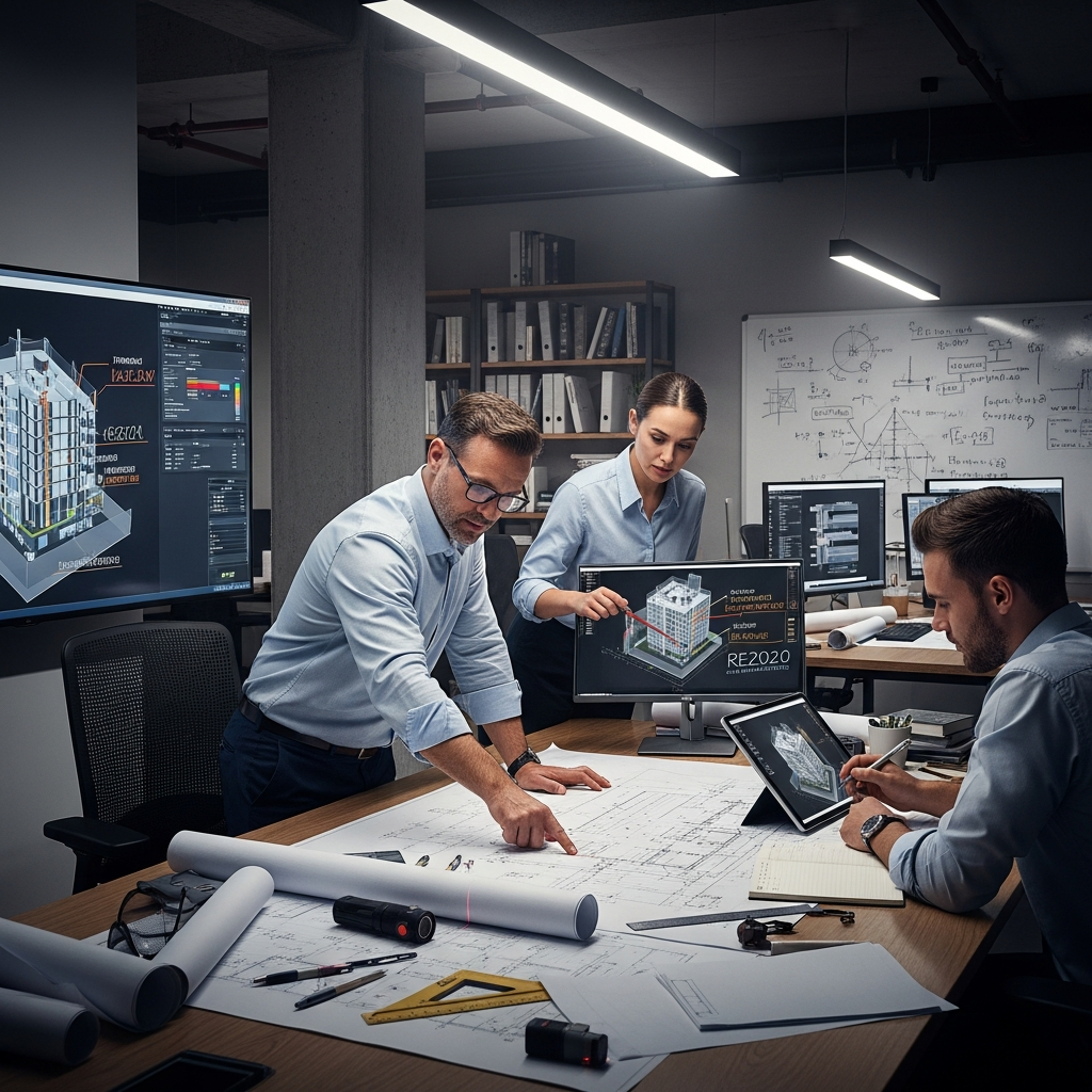 Bureau d'étude thermique analysant les plans d'un bâtiment conforme à la réglementation RE2020