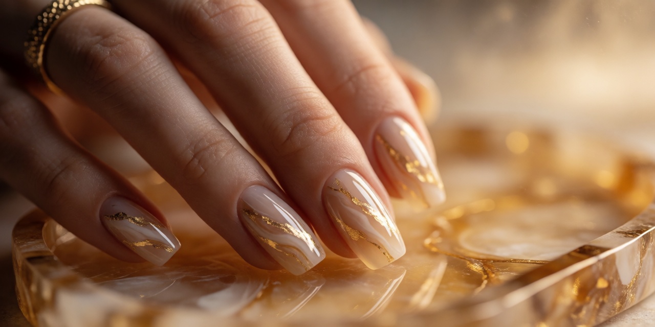 Macro shot of amber marble nail with 24k gold leaf shards embedded beneath the topcoat