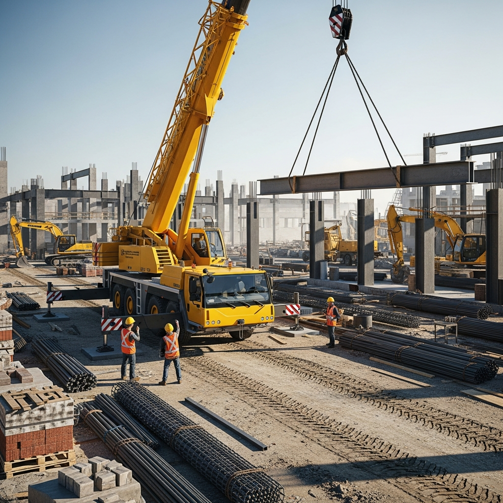 Grue mobile jaune en action effectuant le levage de matériaux lourds sur un chantier de construction