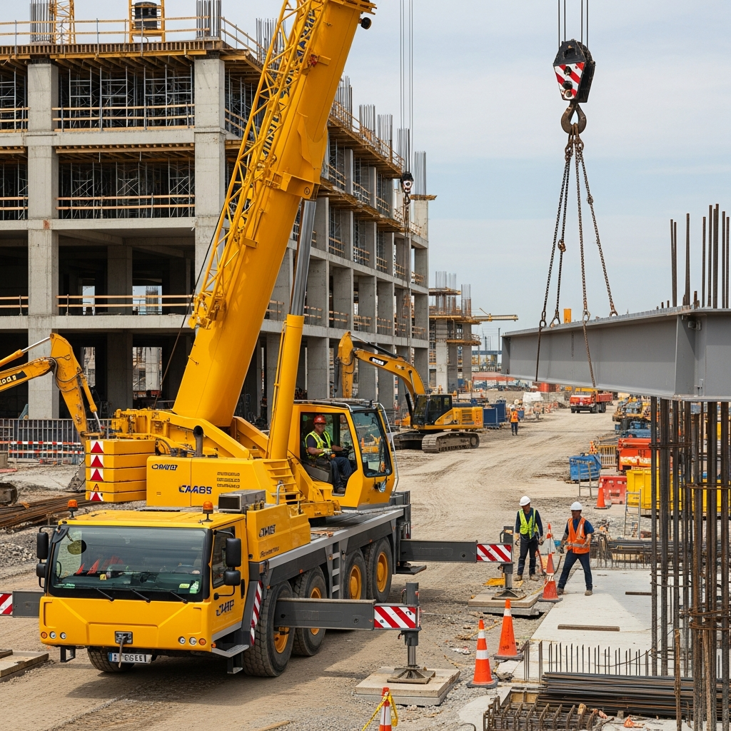 Opérateur professionnel manœuvrant une grue mobile télescopique pour la manutention de charges lourdes Opérateur professionnel manœuvrant une grue mobile télescopique pour la manutention de charges lourdes