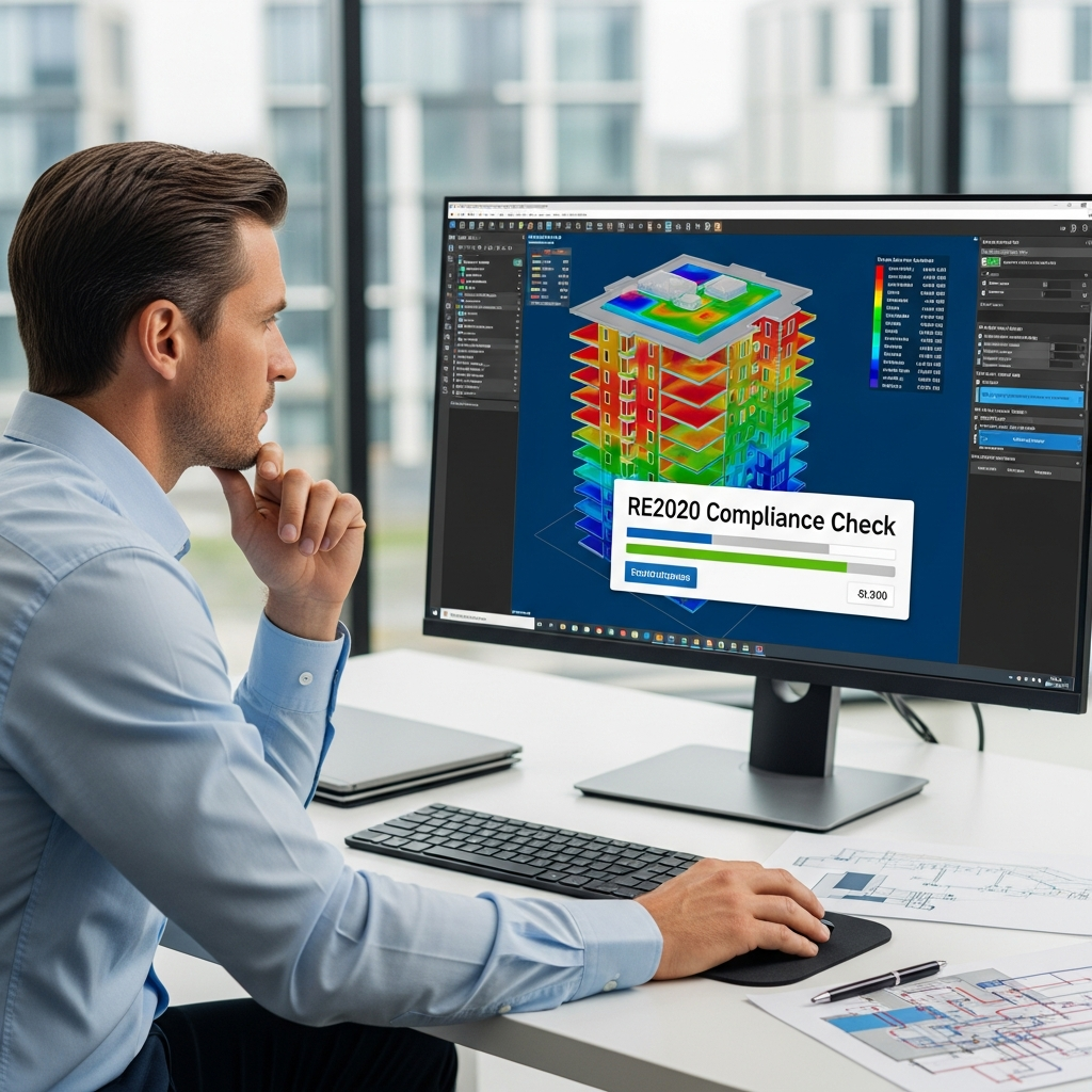 Ingénieur thermicien consultant un logiciel de modélisation thermique pour vérifier la conformité RE2020 Ingénieur thermicien consultant un logiciel de modélisation thermique pour vérifier la conformité RE2020