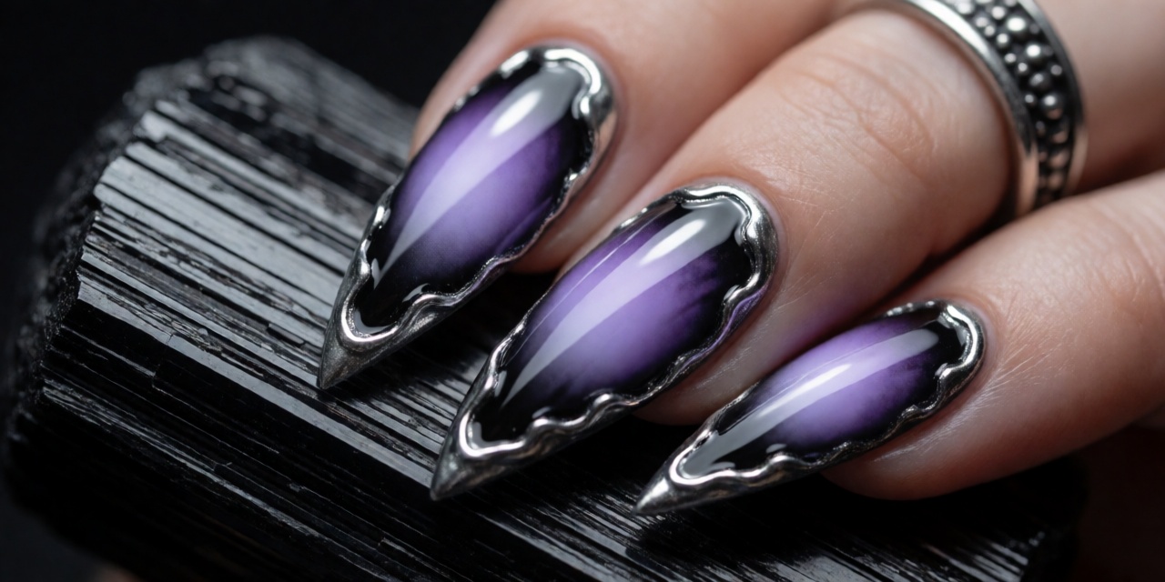 Macro shot of molten chrome silver drip detailing framing a lavender aura nail