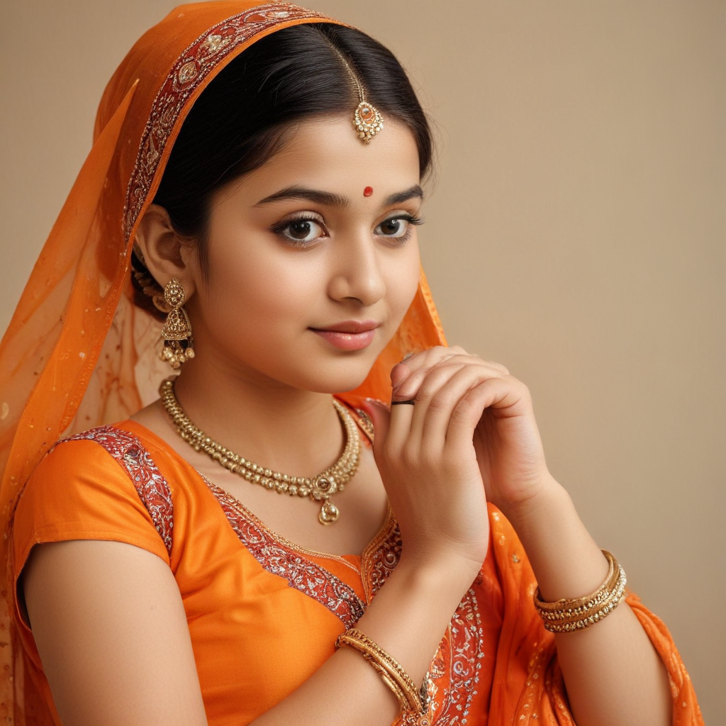 An Indian Girl in Orange Indian Traditional Dress (Sleeveless Salwar Suit), she is smelling her arm.