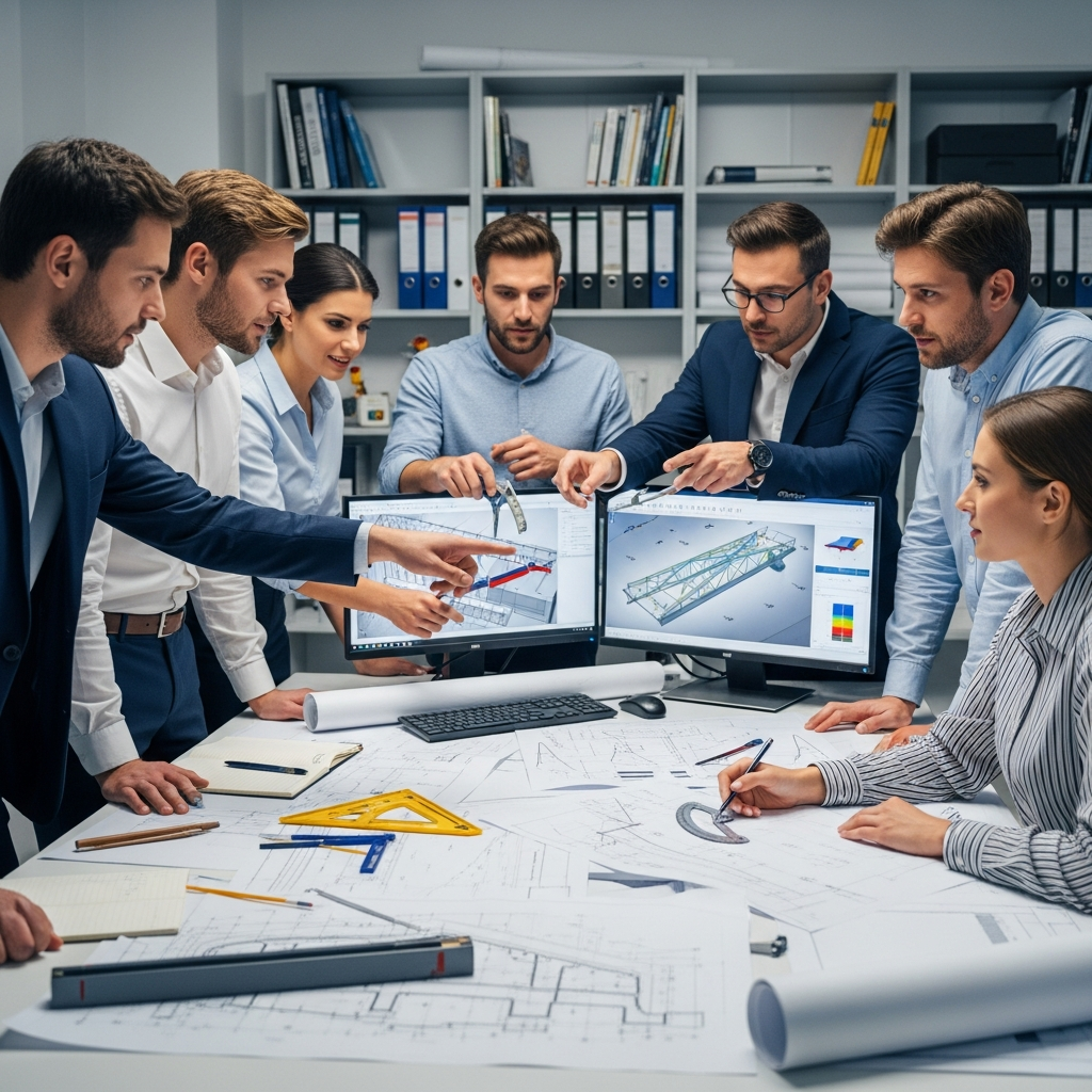 Équipe d'ingénieurs civils suisses travaillant sur plans de construction dans un bureau d'études professionnel