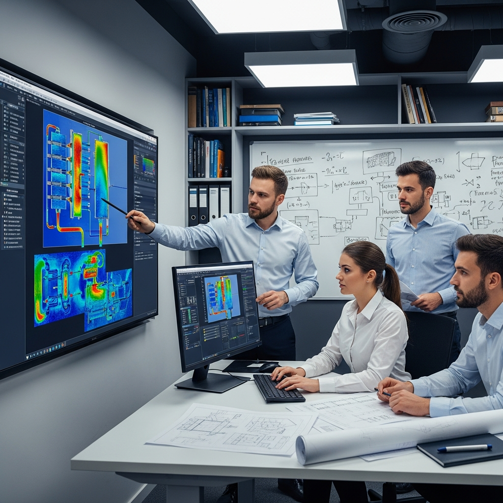 Équipe d'experts en bureau d'études fluides effectuant des calculs de dimensionnement pour une installation thermique complexe Équipe d'experts en bureau d'études fluides effectuant des calculs de dimensionnement pour une installation thermique complexe