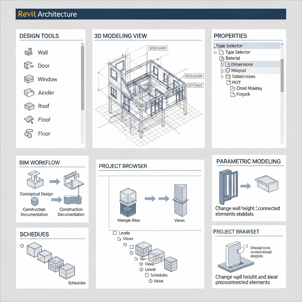 Interface du logiciel Revit Architecture affichant les outils de conception et modélisation 3D d'une structure architecturale Interface du logiciel Revit Architecture affichant les outils de conception et modélisation 3D d'une structure architecturale