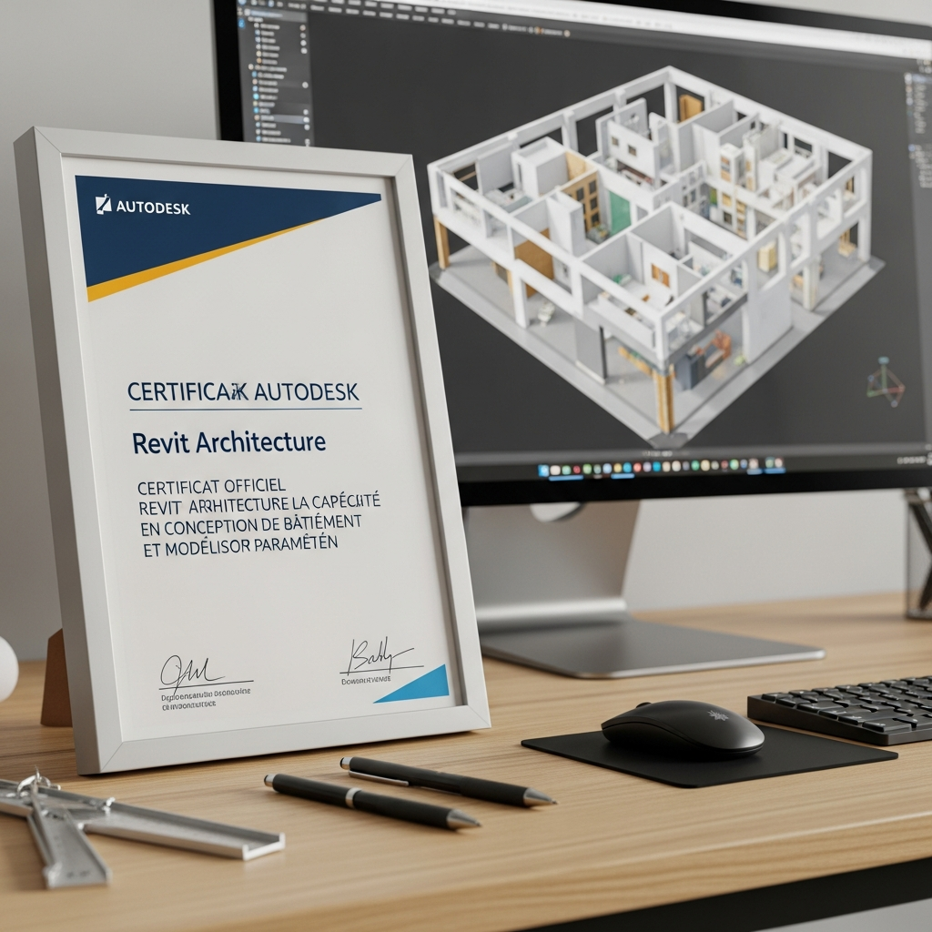 Certificat officiel Autodesk Revit Architecture validant la compétence en conception de bâtiment et modélisation paramétrique Certificat officiel Autodesk Revit Architecture validant la compétence en conception de bâtiment et modélisation paramétrique
