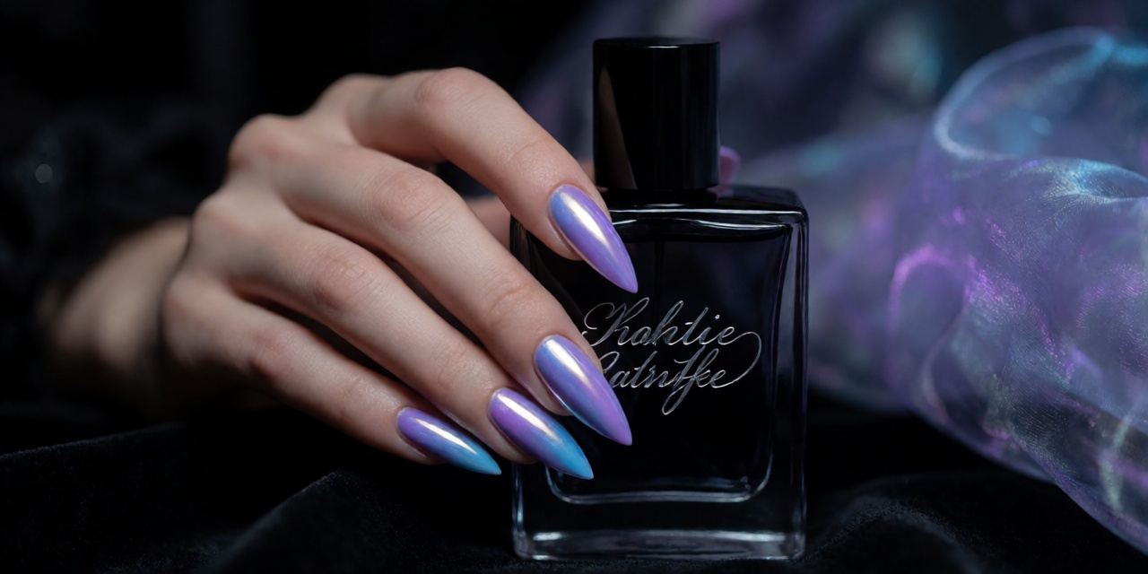 Hand with lavender aura stiletto nails resting against a black glass perfume bottle