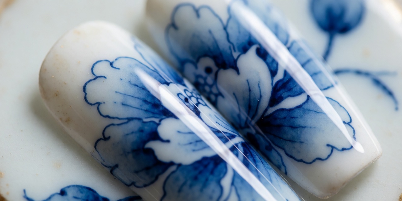 Macro shot of hand-painted cobalt blue floral nail art with gold caviar bead centers