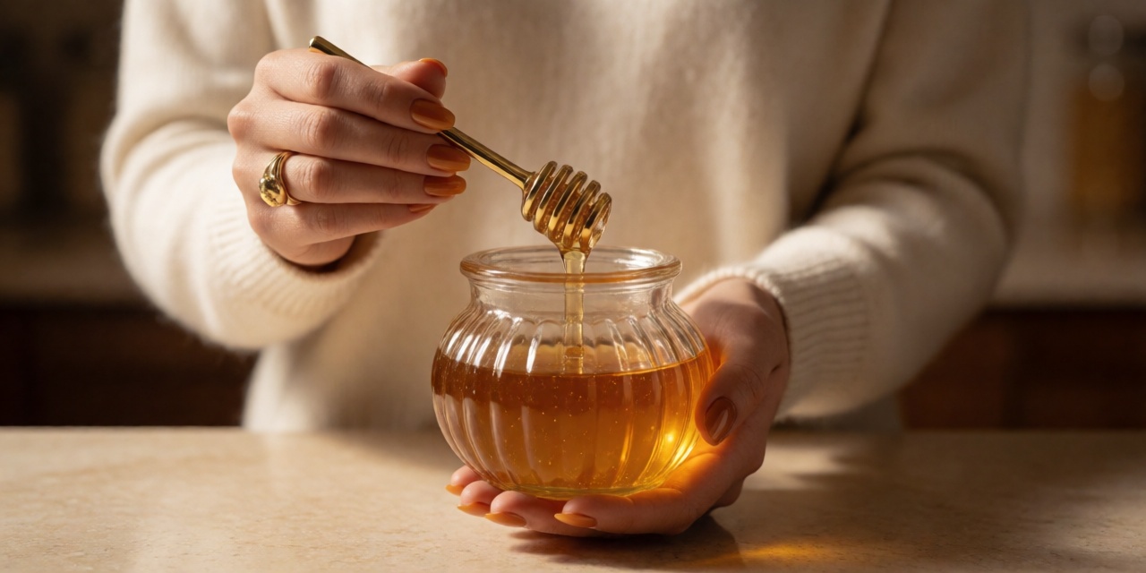 Hands with honey amber marble nails holding a vintage glass honey pot