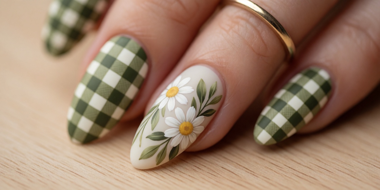 Macro shot of hand-painted white daisy nail art with yellow centers