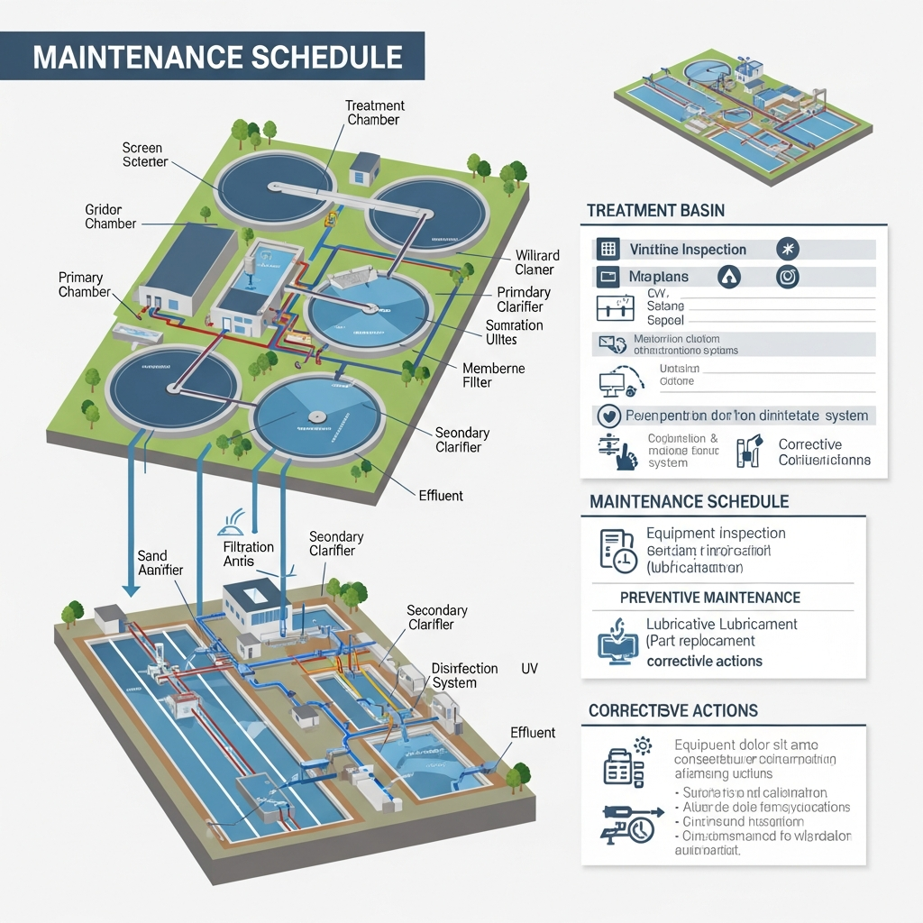 Vue d'ensemble d'une station d'épuration moderne avec bassin de traitement et système de filtration Vue d'ensemble d'une station d'épuration moderne avec bassin de traitement et système de filtration