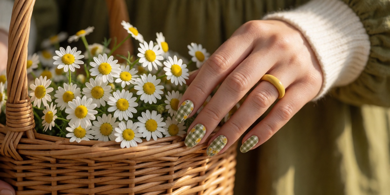 Hands with matte olive gingham nails holding a basket of chamomile flowers