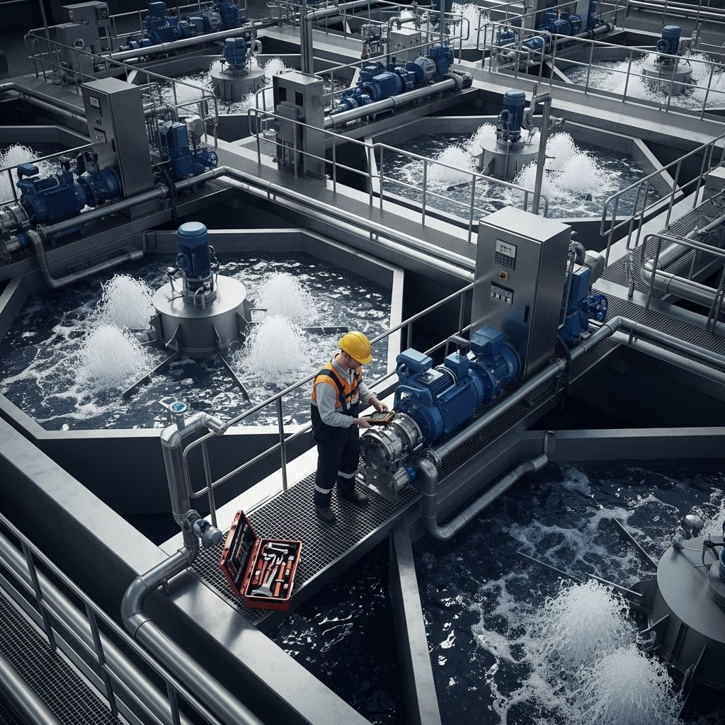 Technicien effectuant la maintenance préventive d'une station d'épuration avec équipement spécialisé