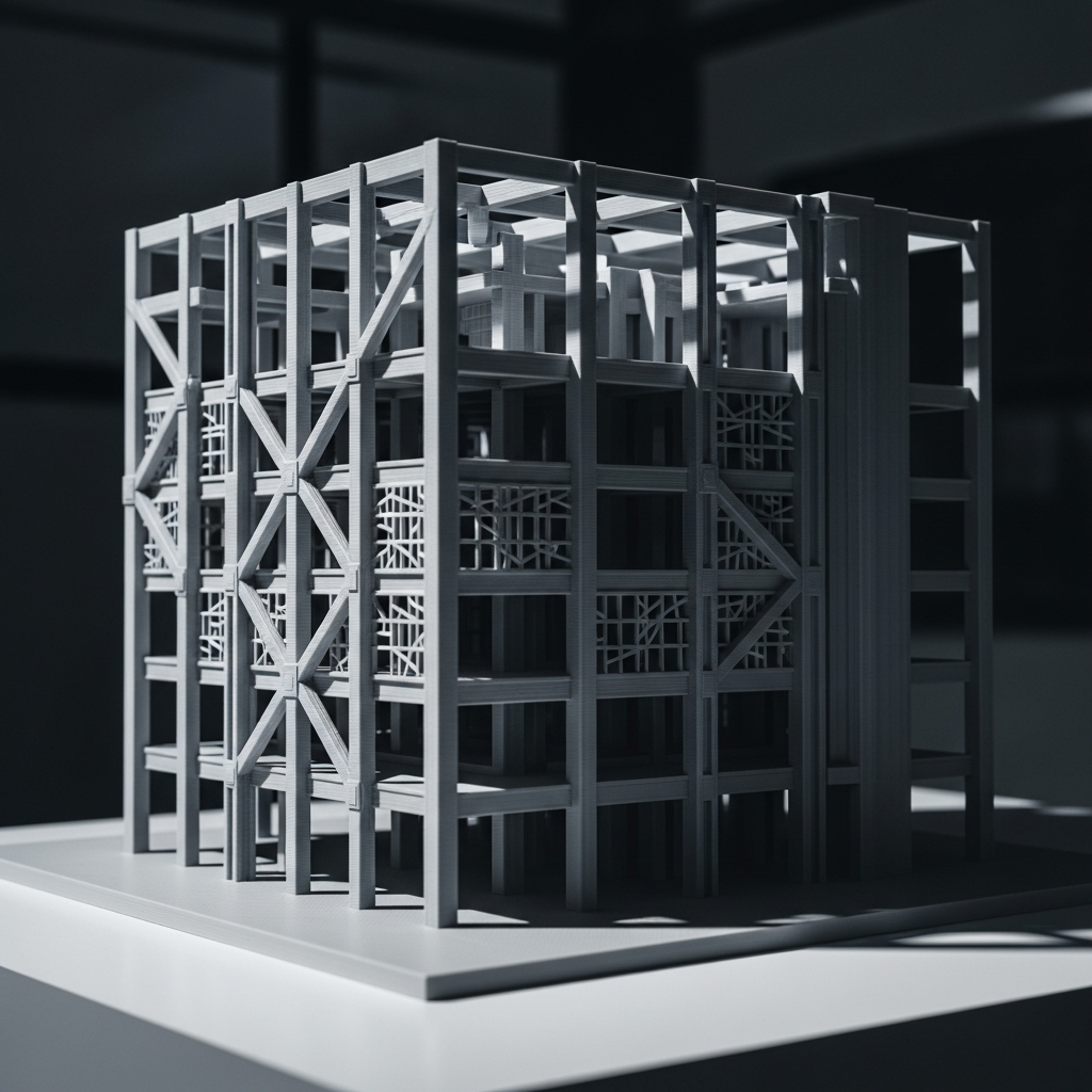 Prototype architectural en impression 3D montrant une structure de bâtiment avec détails géométriques précis pour le prototypage rapide en génie civil