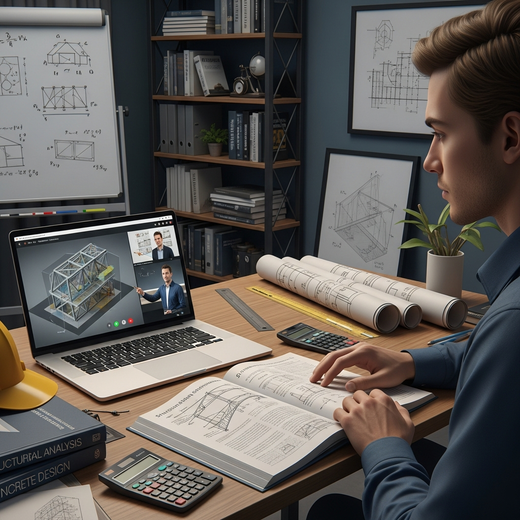 Étudiant en formation d'ingénieur génie civil suivant un cours à distance sur son ordinateur portable