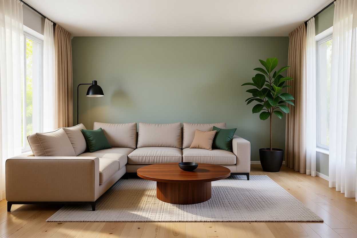 Modern living room with a low oatmeal linen sectional, a walnut coffee table, matte black floor lamp, and tall potted fiddle-leaf fig, warm cream and sage green palette, soft morning light through sheer curtains, photorealistic interior photography