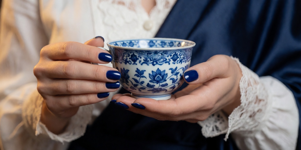 Hands with cobalt porcelain nails holding an antique blue-and-white teacup